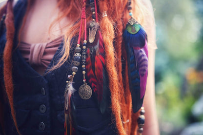 Bohemia Red Garnet Feather Hair Braider