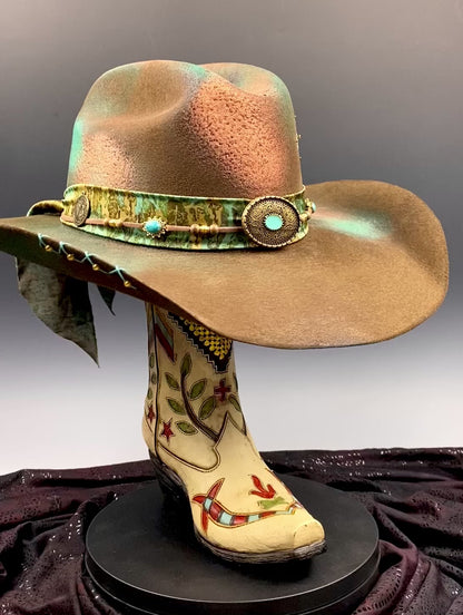 The Savannah Cowboy Hat - Brown with Distressed Effect & Turquoise Detailing