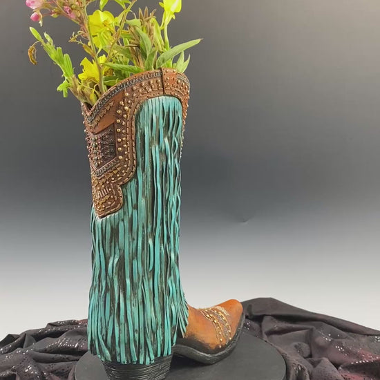 Large Cowboy Boot Vase - brown & turquoise cowboy boot vase with detailed accents, western boot flower arrangement vase, realistic boot vase
