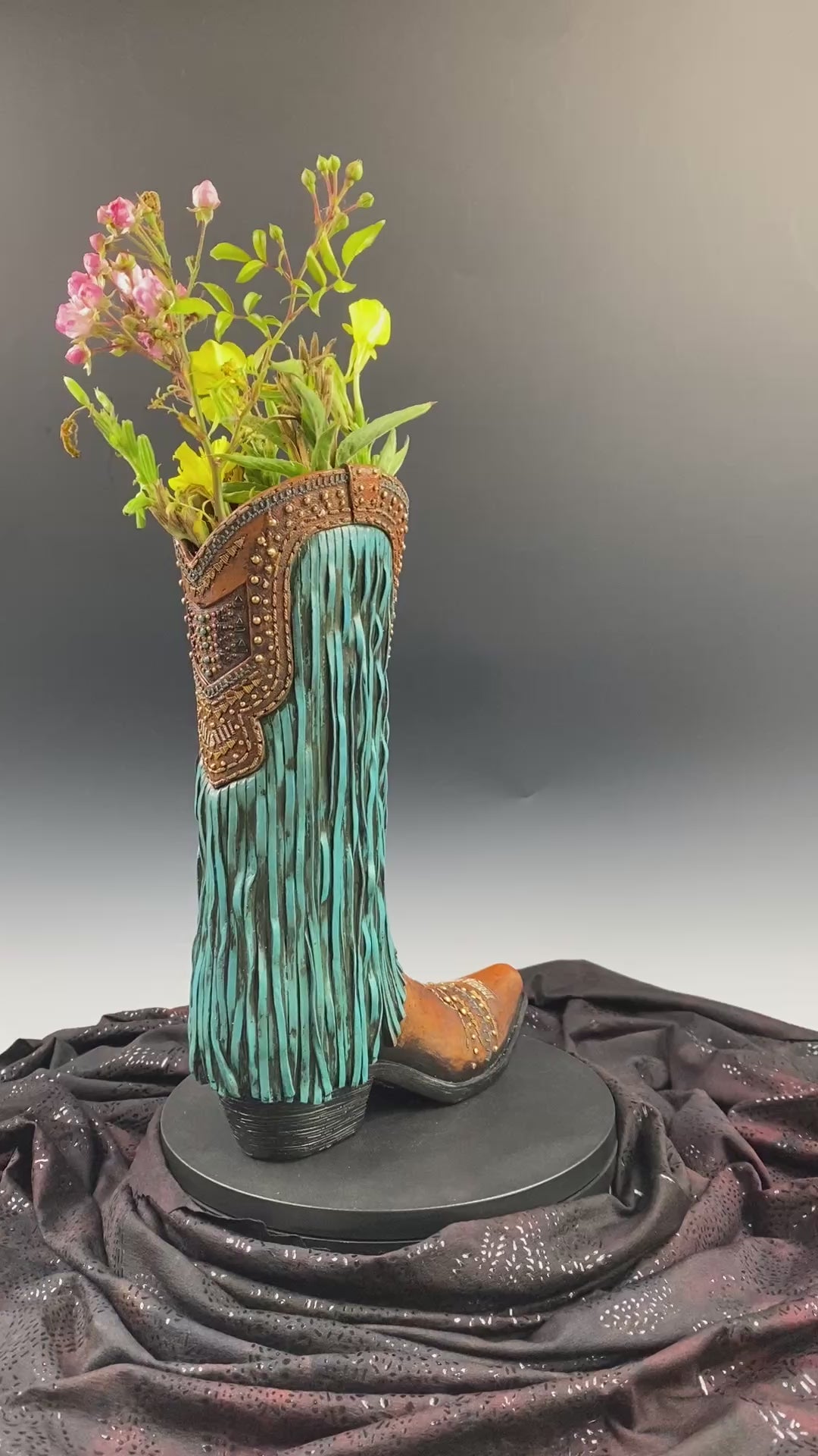 Large Cowboy Boot Vase - brown & turquoise cowboy boot vase with detailed accents, western boot flower arrangement vase, realistic boot vase