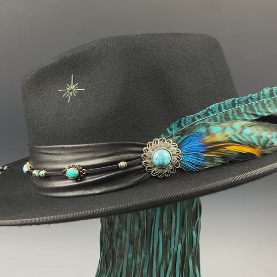 One Off Custom Fedora: Wool Felt Cowboy Fedora Hat with Turquoise detailing  Size Large 59cm