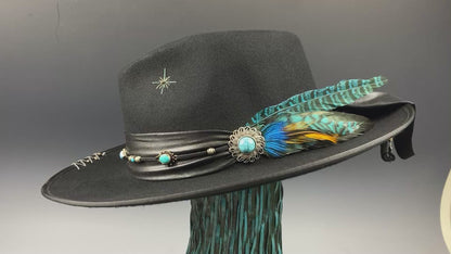 One Off Custom Fedora: Wool Felt Cowboy Fedora Hat with Turquoise detailing  Size Large 59cm