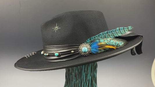 One Off Custom Fedora: Wool Felt Cowboy Fedora Hat with Turquoise detailing  Size Large 59cm