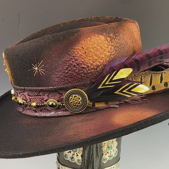 The Dark Clover Gambler - Wool Felt Fedora Hat Black Handmade Country Western Style Cowboy Hat Purple Detailing Jimi Hendrix Stevie Nicks