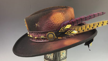 The Dark Clover Gambler - Wool Felt Fedora Hat Black Handmade Country Western Style Cowboy Hat Purple Detailing Jimi Hendrix Stevie Nicks