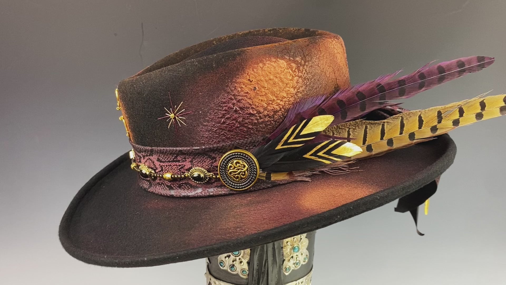 The Dark Clover Gambler - Wool Felt Fedora Hat Black Handmade Country Western Style Cowboy Hat Purple Detailing Jimi Hendrix Stevie Nicks