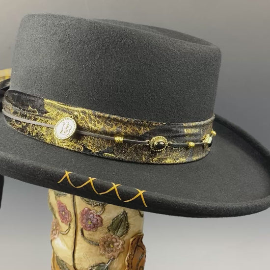 One Off Custom Gambler Hat: Black Wool Felt with gold detailing size Medium 57cm