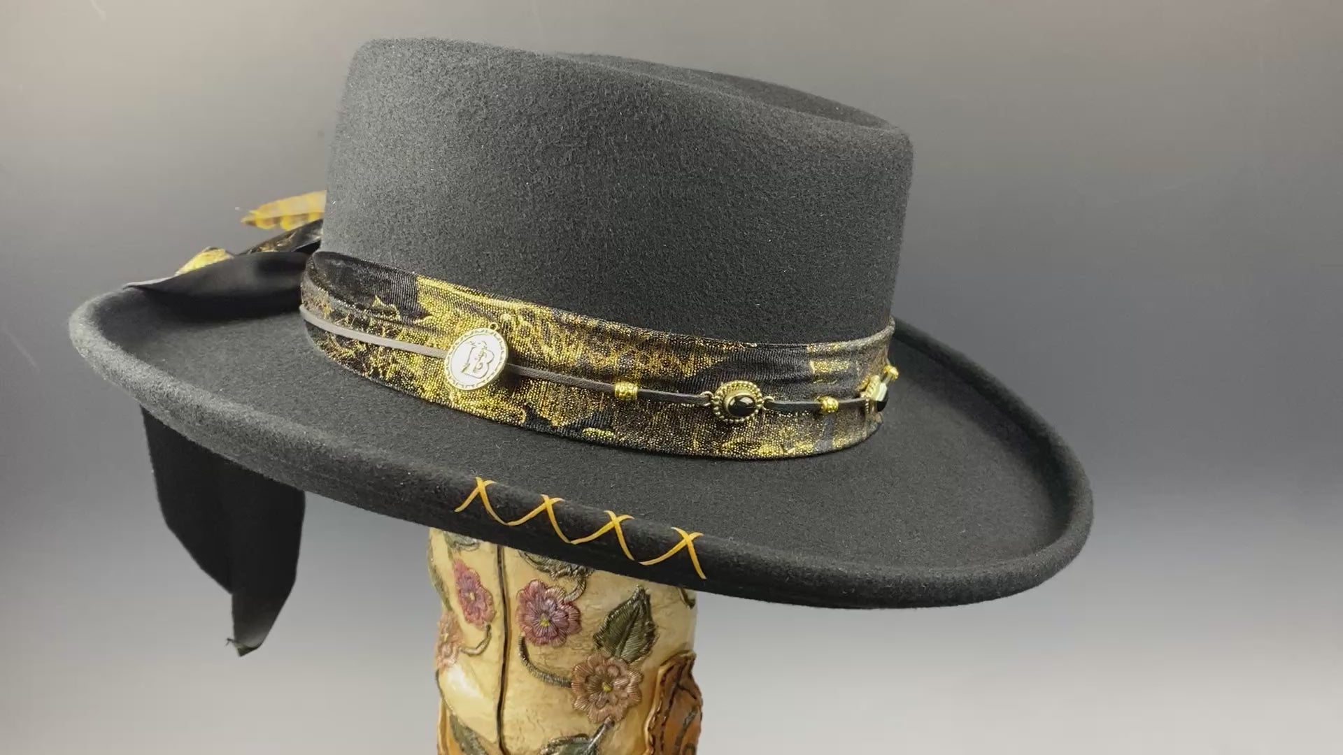 One Off Custom Gambler Hat: Black Wool Felt with gold detailing size Medium 57cm