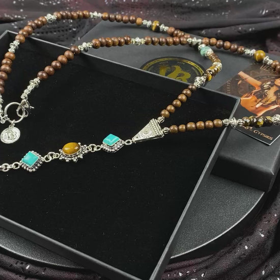 The Savannah Beaded Necklace: Turquoise, Tiger's Eye, Feather Charm