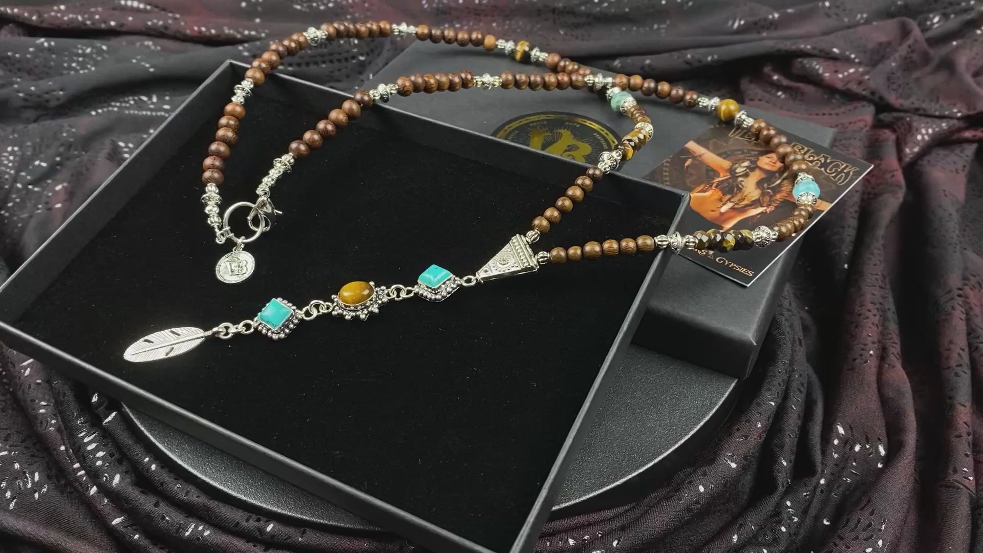 The Savannah Beaded Necklace: Turquoise, Tiger's Eye, Feather Charm
