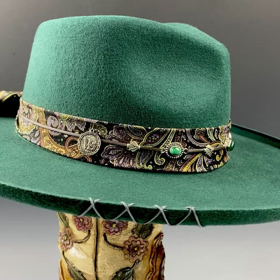 One Off Custom Fedora: Green Wool Felt Wide Brim Fedora Hat Paisley Band Size Medium 57cm