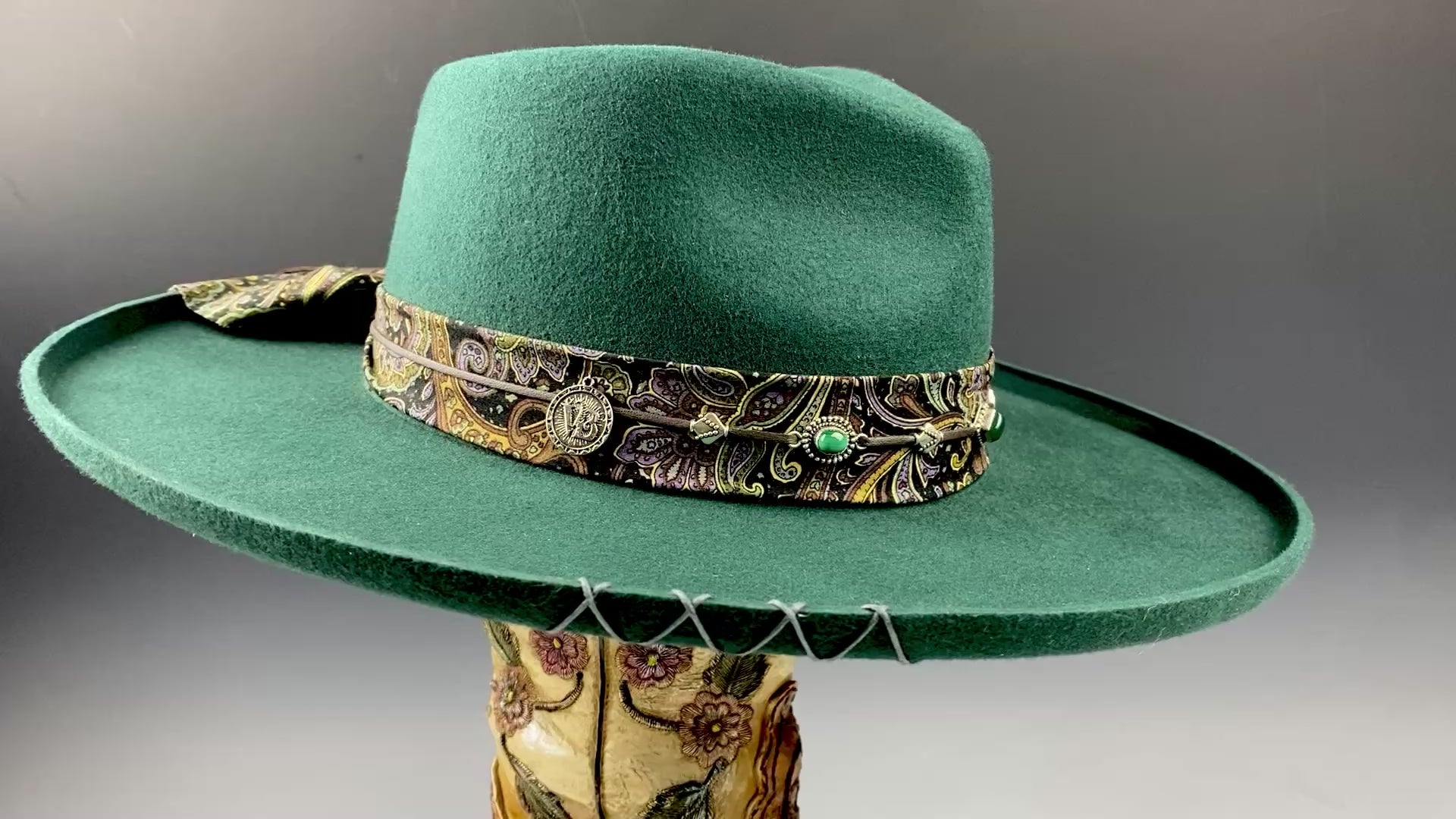 One Off Custom Fedora: Green Wool Felt Wide Brim Fedora Hat Paisley Band Size Medium 57cm