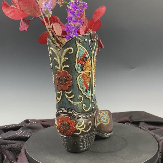 Medium Cowboy Boot Vase - black & turquoise cowboy boot vase with accents, western style flower arrangement vase, realistic boot vase