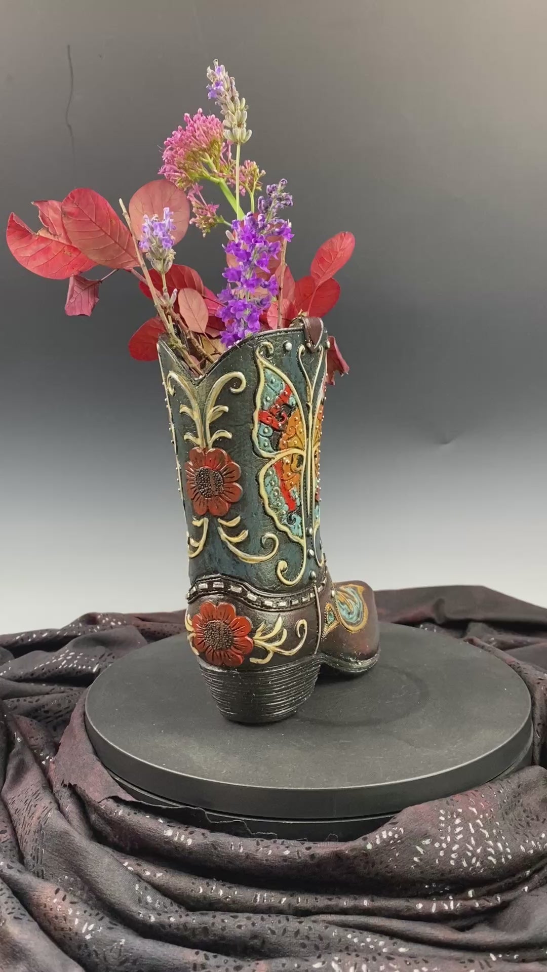 Medium Cowboy Boot Vase - black & turquoise cowboy boot vase with accents, western style flower arrangement vase, realistic boot vase