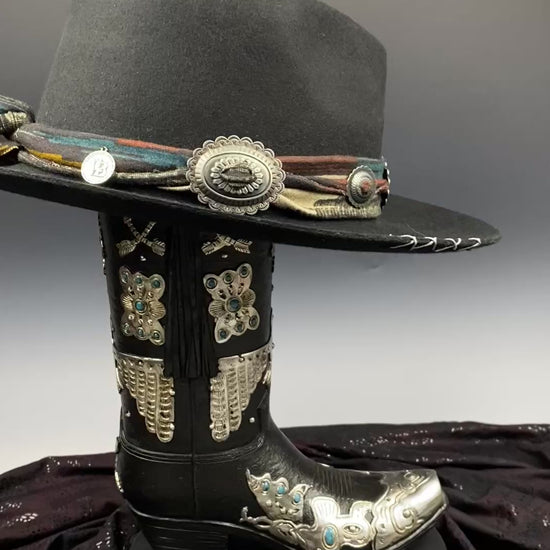 One Of A Kind Fedora - Size XL - Black With Blue Detailing & Brushed Conchos