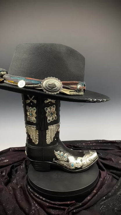 One Of A Kind Fedora - Size XL - Black With Blue Detailing & Brushed Conchos