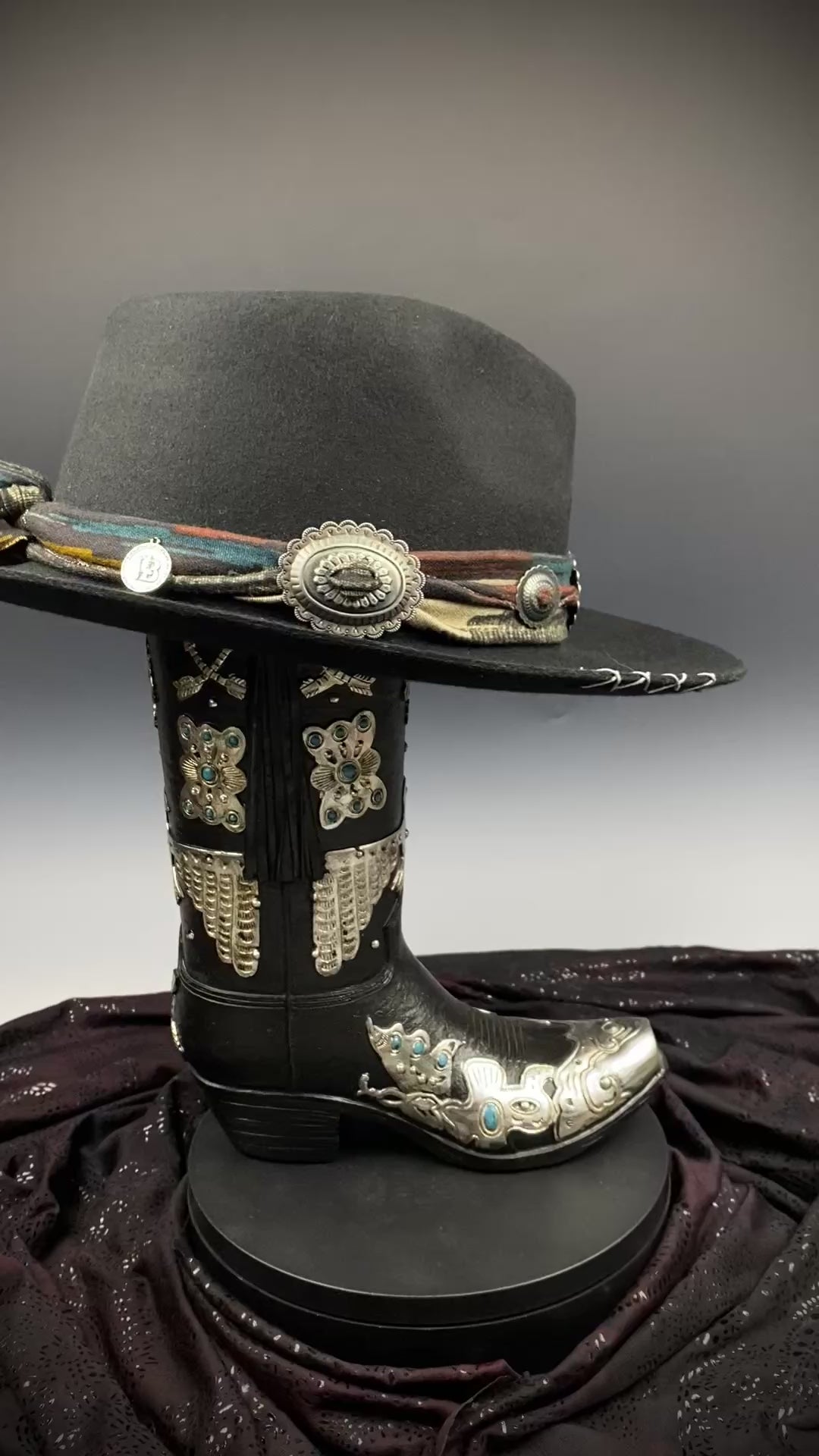 One Of A Kind Fedora - Size XL - Black With Blue Detailing & Brushed Conchos