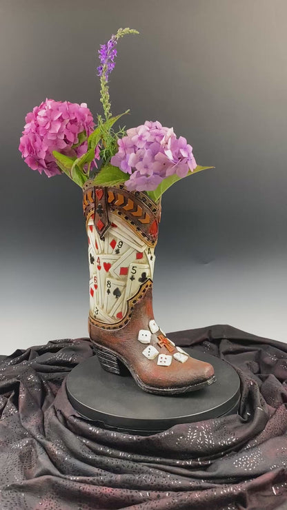 Medium Cowboy Boot Vase with poker playing card & dice design